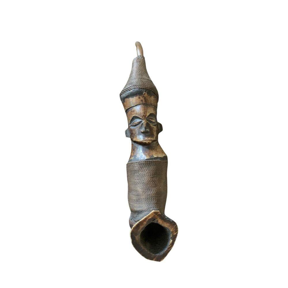 Vtg‎ African Zulu Carved Gourd Pipe w/ Inlay Accents HAS CHIPS SEE PICTURES